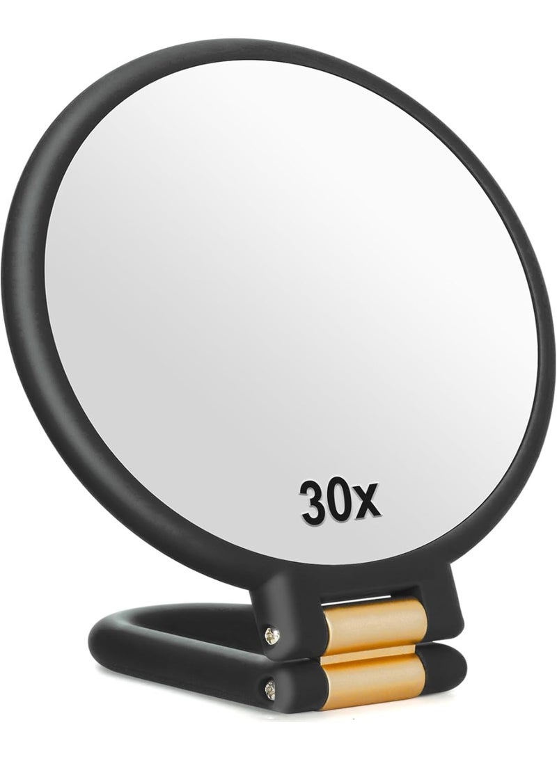 30x مكبر المرآة، مرآة السفر اليد مع مقبض - مرآة محمولة مزدوجة الجانب مع 1X 30X مكبر ومقبض قابل للتعديل / الوقوف، مرآة السفر القابلة للطي اليدوية للمكياج (الأسود) - Image 1